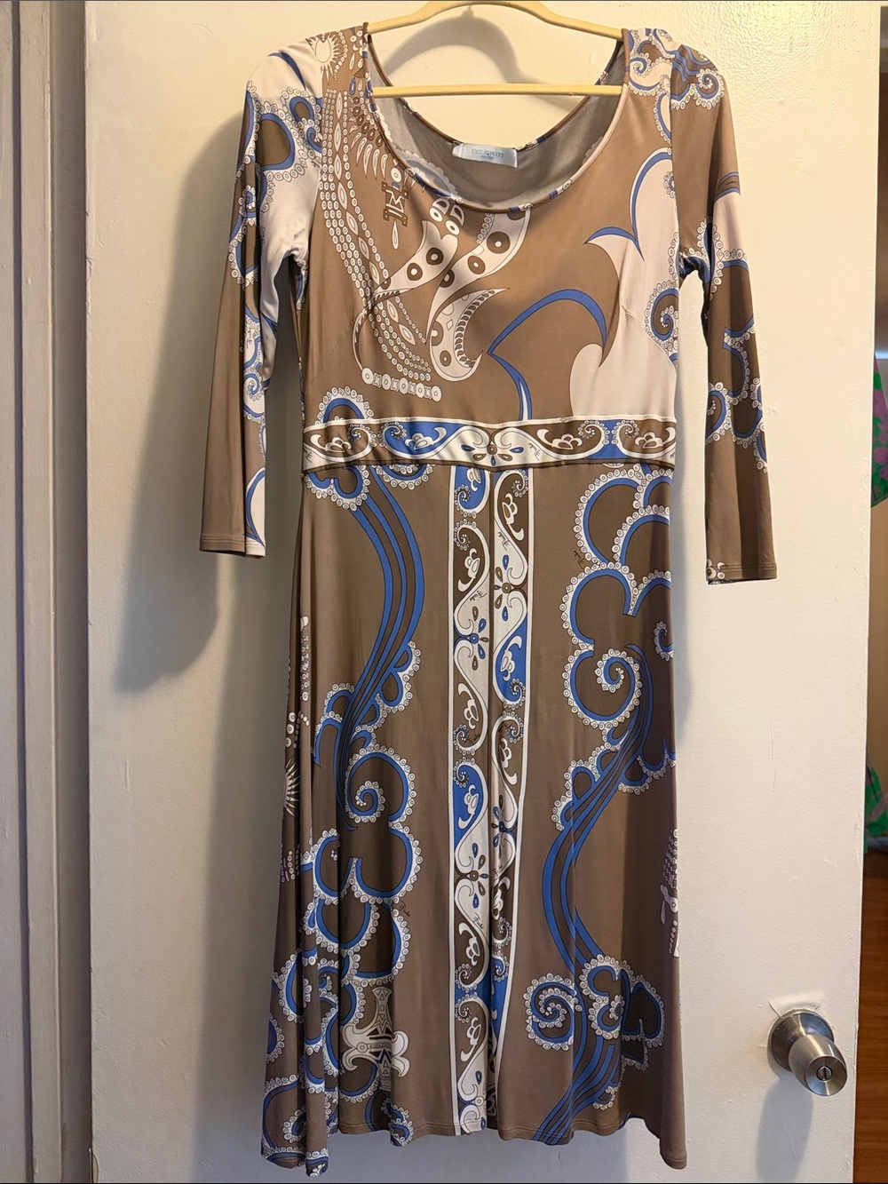 Emilio Pucci Taupe & Blue Long Sleeve Printed Midi Dress